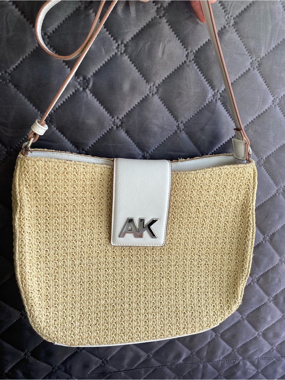 Anne Klein Woven Straw Shoulder Crossbody Bag White Boho Summer AK Logo